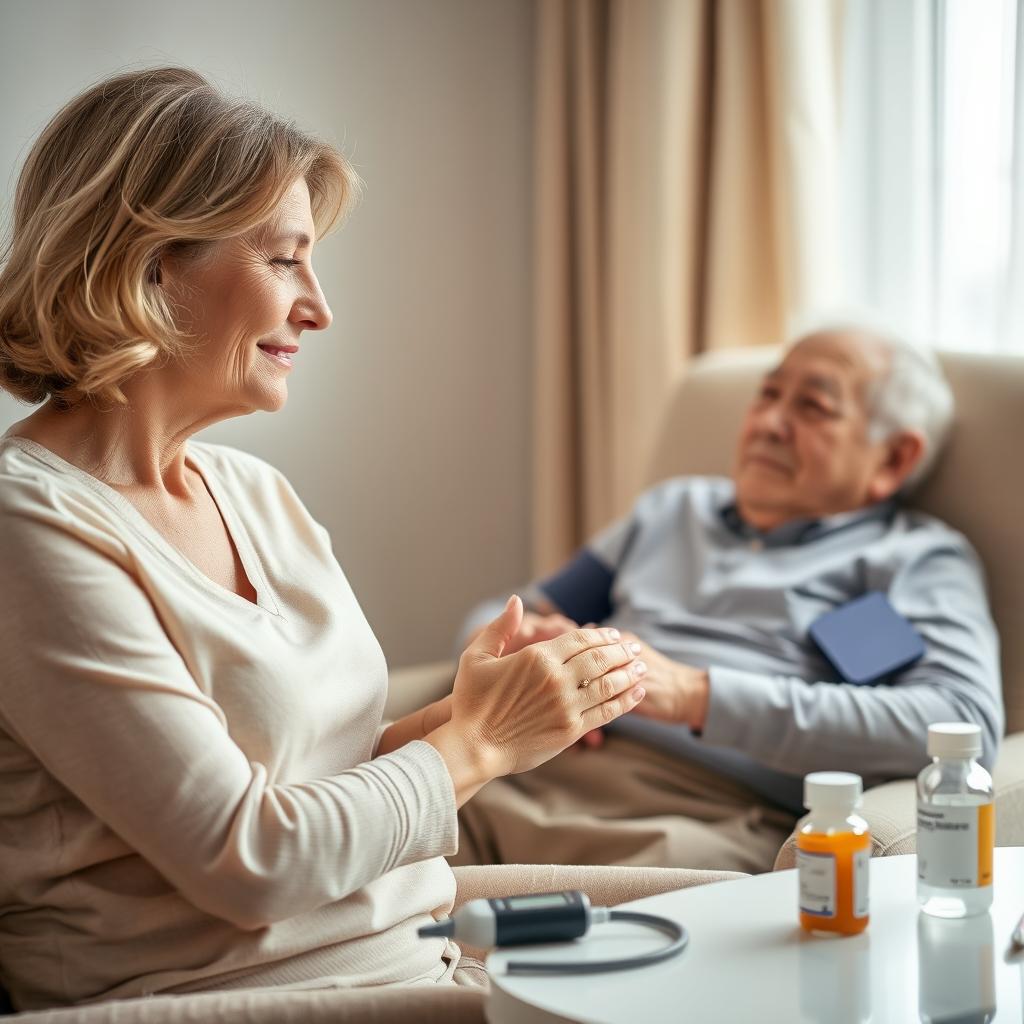 A compassionate woman aged between 30 and 50, with a loving and concerned expression, tenderly cares for her elderly father, positioned on the left side of the image