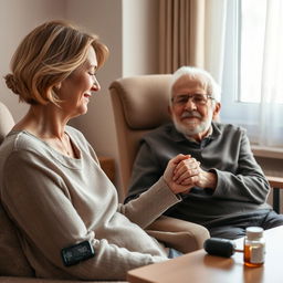 A compassionate woman aged between 30 and 50, with a loving and concerned expression, tenderly cares for her elderly father, positioned on the left side of the image