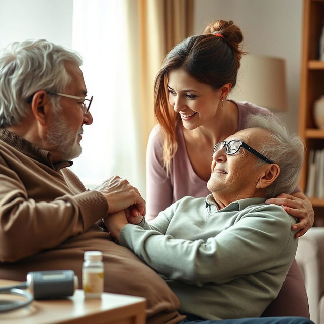 A compassionate woman aged between 30 and 50, with a loving and concerned expression, tenderly cares for her elderly father, positioned on the left side of the image