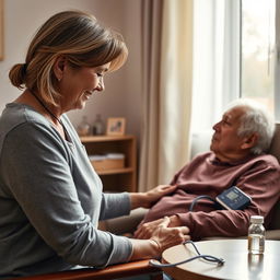 A compassionate woman aged between 30 and 50, with a loving and concerned expression, tenderly cares for her elderly father, positioned on the left side of the image