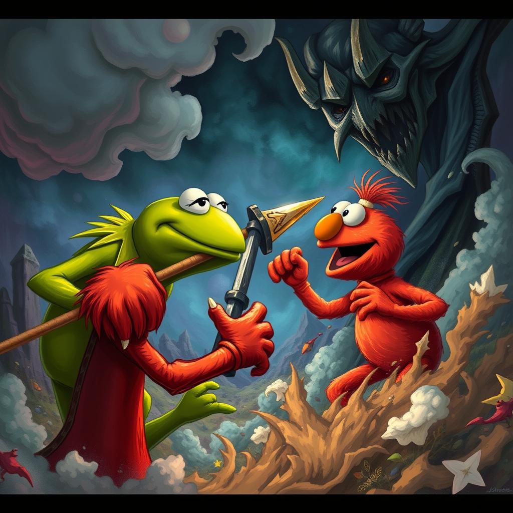 A dramatic and intense scene depicting Kermit the Frog and Elmo in an epic battle, set in an imaginative fantasy landscape