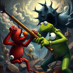 A dramatic and intense scene depicting Kermit the Frog and Elmo in an epic battle, set in an imaginative fantasy landscape