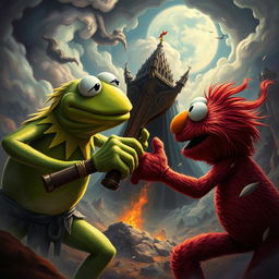 A dramatic and intense scene depicting Kermit the Frog and Elmo in an epic battle, set in an imaginative fantasy landscape