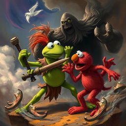 A dramatic and intense scene depicting Kermit the Frog and Elmo in an epic battle, set in an imaginative fantasy landscape