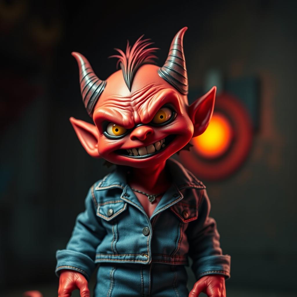 An evil small red demon with exaggerated features, dressed in a stylish double denim outfit that includes a fitted denim jacket and jeans