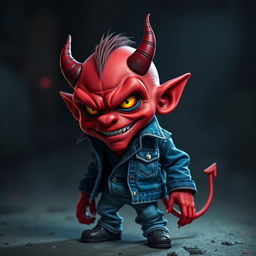 An evil small red demon with exaggerated features, dressed in a stylish double denim outfit that includes a fitted denim jacket and jeans