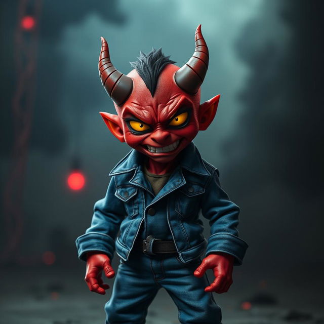 An evil small red demon with exaggerated features, dressed in a stylish double denim outfit that includes a fitted denim jacket and jeans