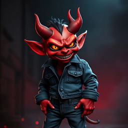 An evil small red demon with exaggerated features, dressed in a stylish double denim outfit that includes a fitted denim jacket and jeans