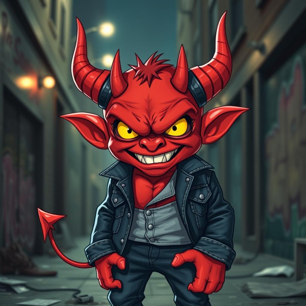 An evil small red demon with exaggerated features, dressed in trendy double denim including a fitted jacket and jeans