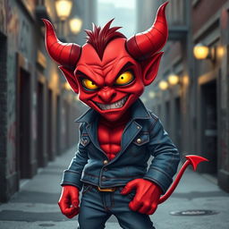 An evil small red demon with exaggerated features, dressed in trendy double denim including a fitted jacket and jeans