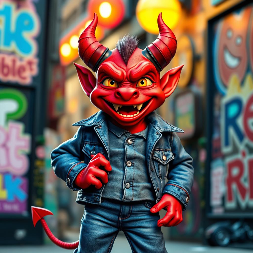 A happy-looking small red demon with exaggerated features, dressed in trendy double denim comprising a stylish jacket and jeans