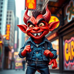 A happy-looking small red demon with exaggerated features, dressed in trendy double denim comprising a stylish jacket and jeans