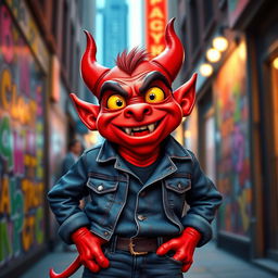 A happy-looking small red demon with exaggerated features, dressed in trendy double denim comprising a stylish jacket and jeans