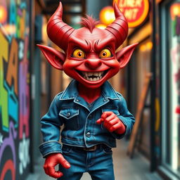 A happy-looking small red demon with exaggerated features, dressed in trendy double denim comprising a stylish jacket and jeans