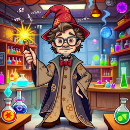 A whimsical illustration of a character inspired by Bill Nye, reimagined as a wizard