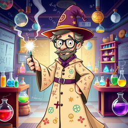 A whimsical illustration of a character inspired by Bill Nye, reimagined as a wizard