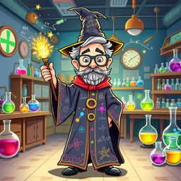 A whimsical illustration of a character inspired by Bill Nye, reimagined as a wizard