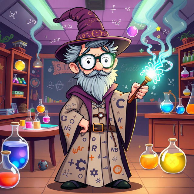 A whimsical illustration of a character inspired by Bill Nye, reimagined as a wizard