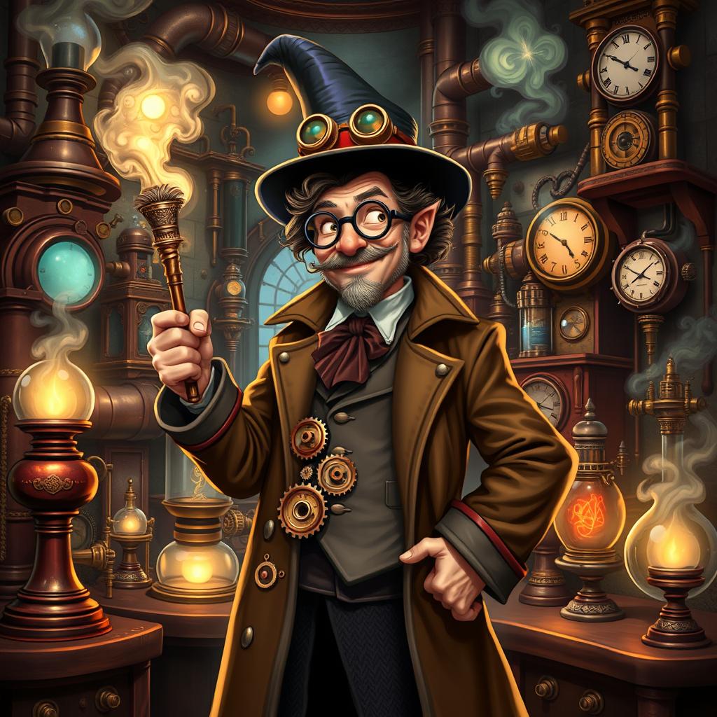 A character inspired by Bill Nye, depicted as a whimsical wizard in a steampunk setting