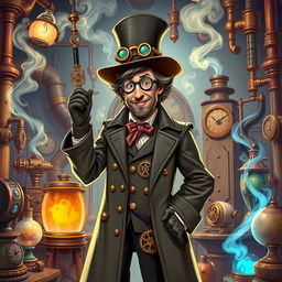 A character inspired by Bill Nye, depicted as a whimsical wizard in a steampunk setting