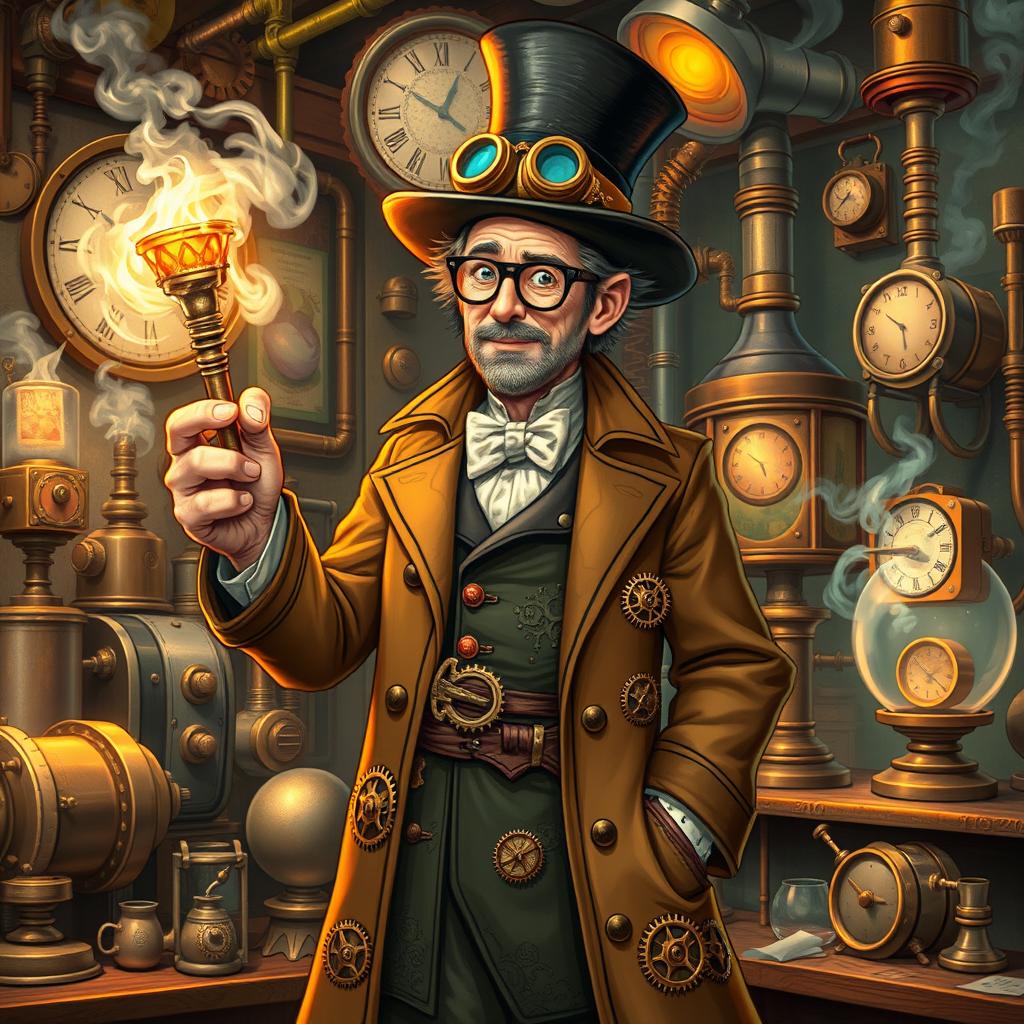 A character inspired by Bill Nye, depicted as a whimsical wizard in a steampunk setting