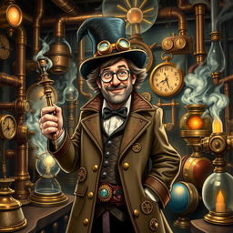 A character inspired by Bill Nye, depicted as a whimsical wizard in a steampunk setting