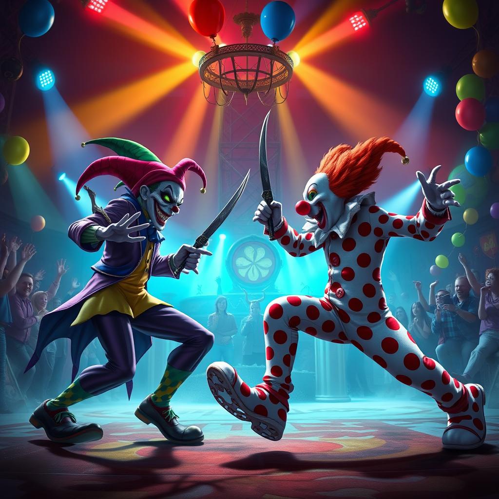 A fantastical showdown between Shaco, the jester from League of Legends, characterized by his unsettling grin, wild green eyes, and clown-inspired costume, complete with a jester hat and colorful attire, and Crusty the Clown, known for his oversized clown shoes, vibrant polka-dot suit, and a humorous yet menacing facial expression