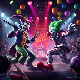 A fantastical showdown between Shaco, the jester from League of Legends, characterized by his unsettling grin, wild green eyes, and clown-inspired costume, complete with a jester hat and colorful attire, and Crusty the Clown, known for his oversized clown shoes, vibrant polka-dot suit, and a humorous yet menacing facial expression