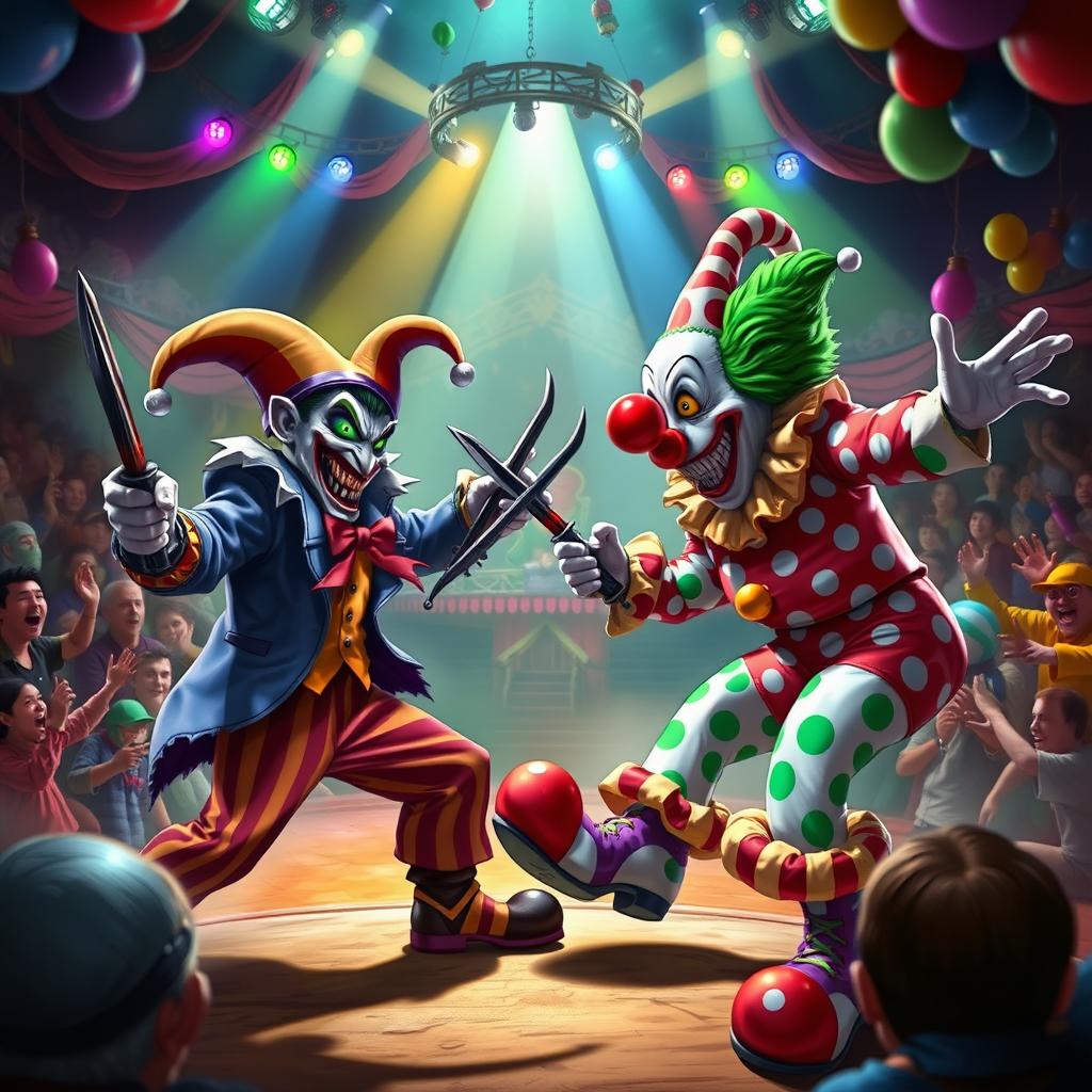 A fantastical showdown between Shaco, the jester from League of Legends, characterized by his unsettling grin, wild green eyes, and clown-inspired costume, complete with a jester hat and colorful attire, and Crusty the Clown, known for his oversized clown shoes, vibrant polka-dot suit, and a humorous yet menacing facial expression