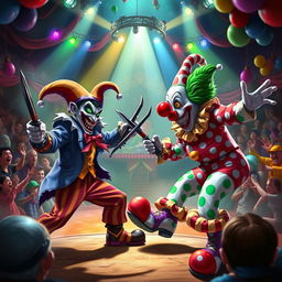 A fantastical showdown between Shaco, the jester from League of Legends, characterized by his unsettling grin, wild green eyes, and clown-inspired costume, complete with a jester hat and colorful attire, and Crusty the Clown, known for his oversized clown shoes, vibrant polka-dot suit, and a humorous yet menacing facial expression