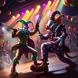 A fantastical showdown between Shaco, the jester from League of Legends, characterized by his unsettling grin, wild green eyes, and clown-inspired costume, complete with a jester hat and colorful attire, and Crusty the Clown, known for his oversized clown shoes, vibrant polka-dot suit, and a humorous yet menacing facial expression