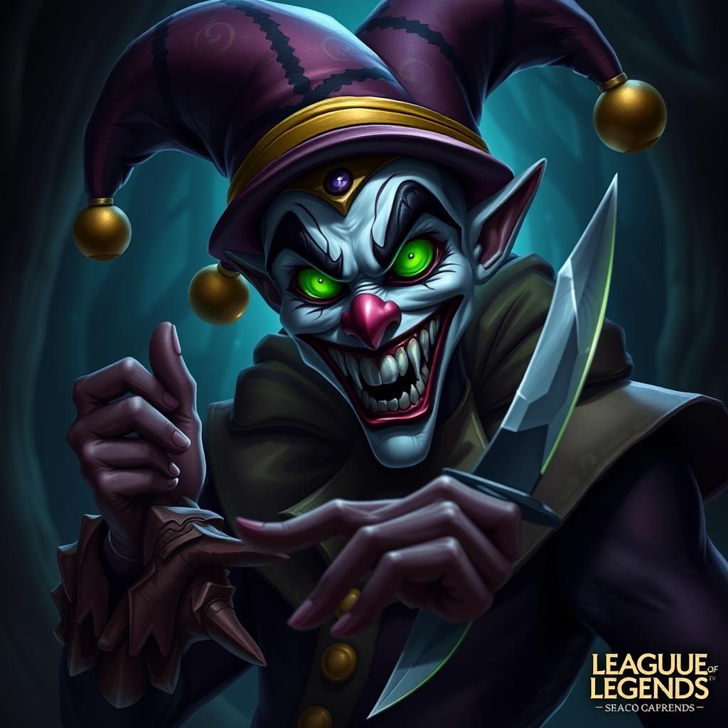 A detailed portrayal of Shaco from League of Legends, emphasizing his distinctive features: a sinister jester with a wide, unsettling grin and bright green eyes