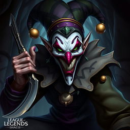 A detailed portrayal of Shaco from League of Legends, emphasizing his distinctive features: a sinister jester with a wide, unsettling grin and bright green eyes