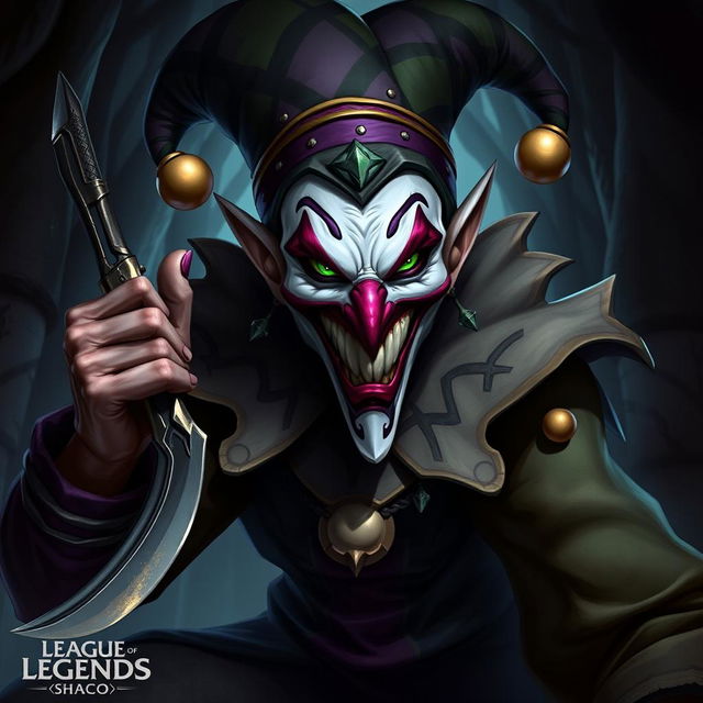 A detailed portrayal of Shaco from League of Legends, emphasizing his distinctive features: a sinister jester with a wide, unsettling grin and bright green eyes