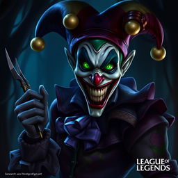 A detailed portrayal of Shaco from League of Legends, emphasizing his distinctive features: a sinister jester with a wide, unsettling grin and bright green eyes