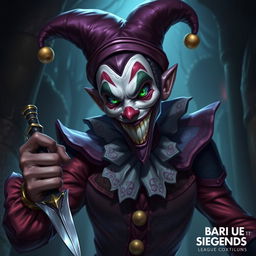 A detailed portrayal of Shaco from League of Legends, emphasizing his distinctive features: a sinister jester with a wide, unsettling grin and bright green eyes