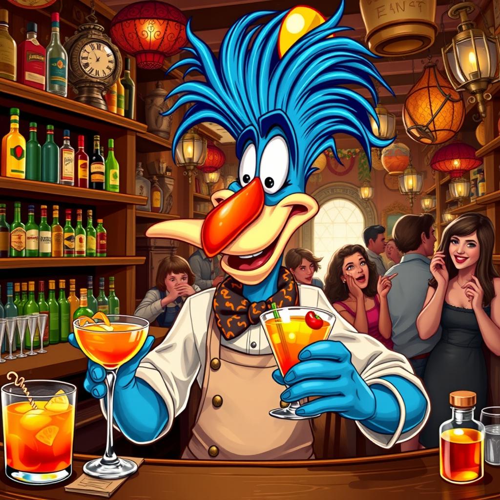 Gonzo the Great as a quirky bartender in a lively tavern setting