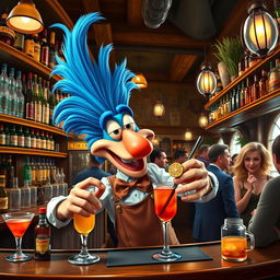 Gonzo the Great as a quirky bartender in a lively tavern setting