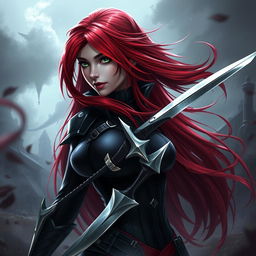 An intricately detailed portrait of Katarina from League of Legends, showcasing her fierce warrior persona