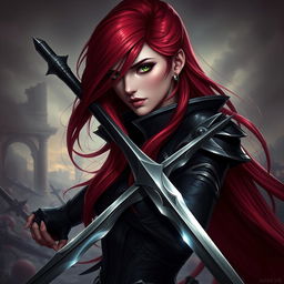 An intricately detailed portrait of Katarina from League of Legends, showcasing her fierce warrior persona