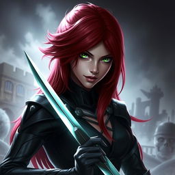 An intricately detailed portrait of Katarina from League of Legends, showcasing her fierce warrior persona