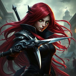 An intricately detailed portrait of Katarina from League of Legends, showcasing her fierce warrior persona