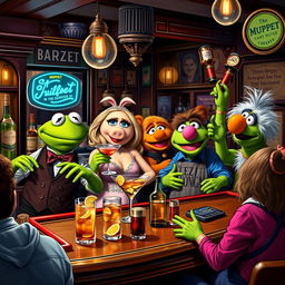 The Muppets depicted as quirky bartenders in a lively pub setting