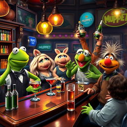 The Muppets depicted as quirky bartenders in a lively pub setting