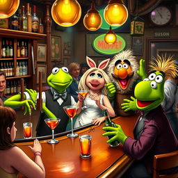 The Muppets depicted as quirky bartenders in a lively pub setting