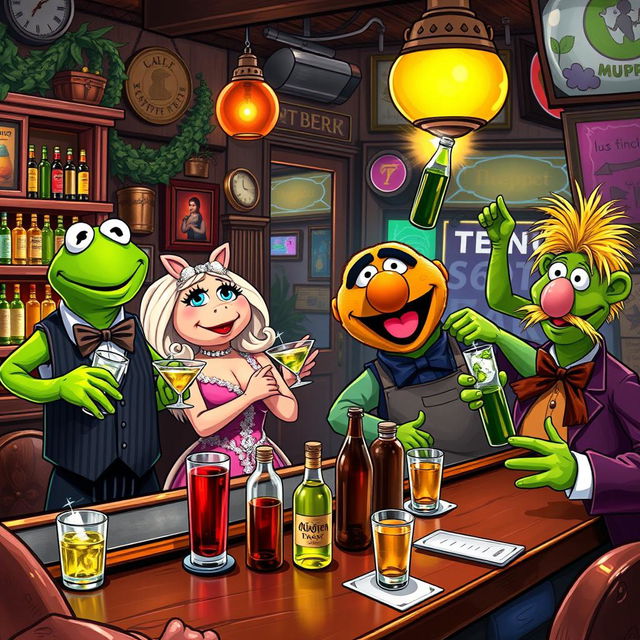 The Muppets depicted as quirky bartenders in a lively pub setting