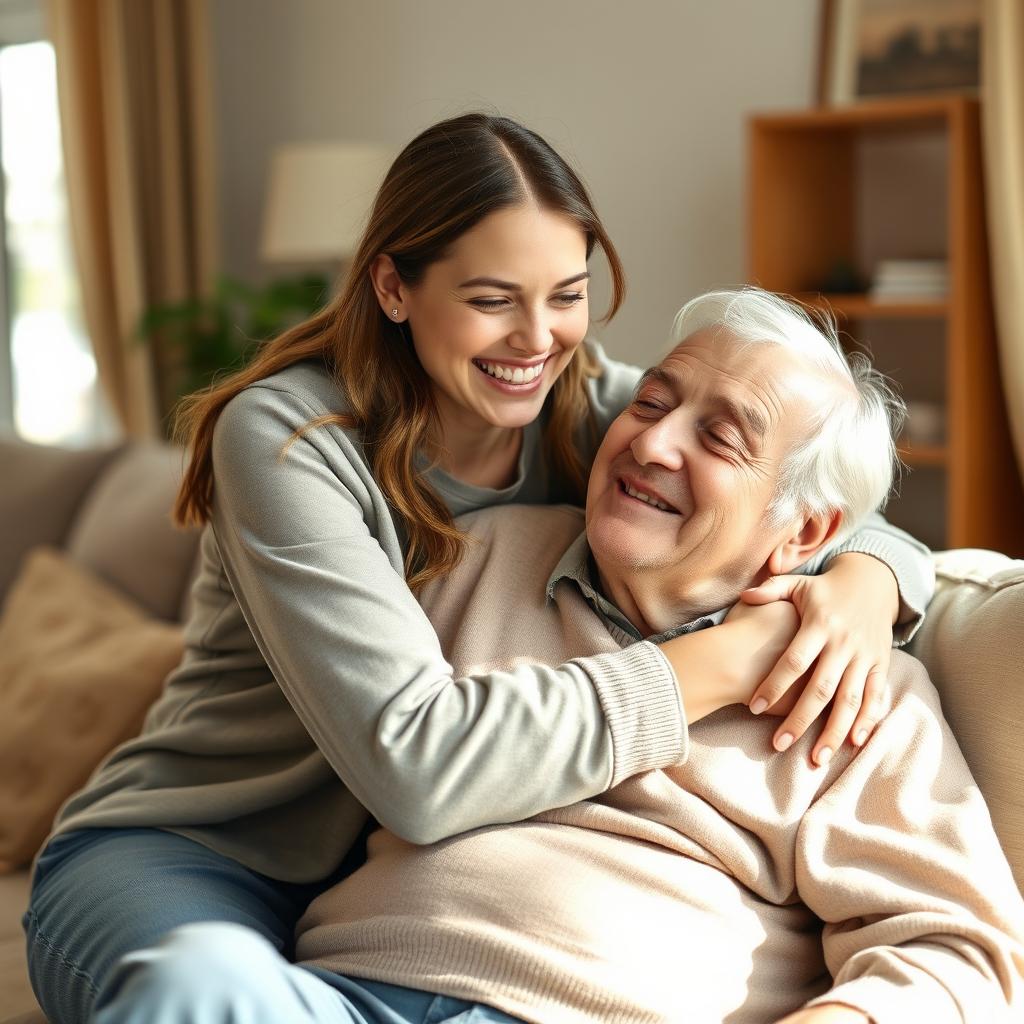 A joyful daughter in her 30s or 40s embraces her elderly father, who has just returned home after a hospital stay