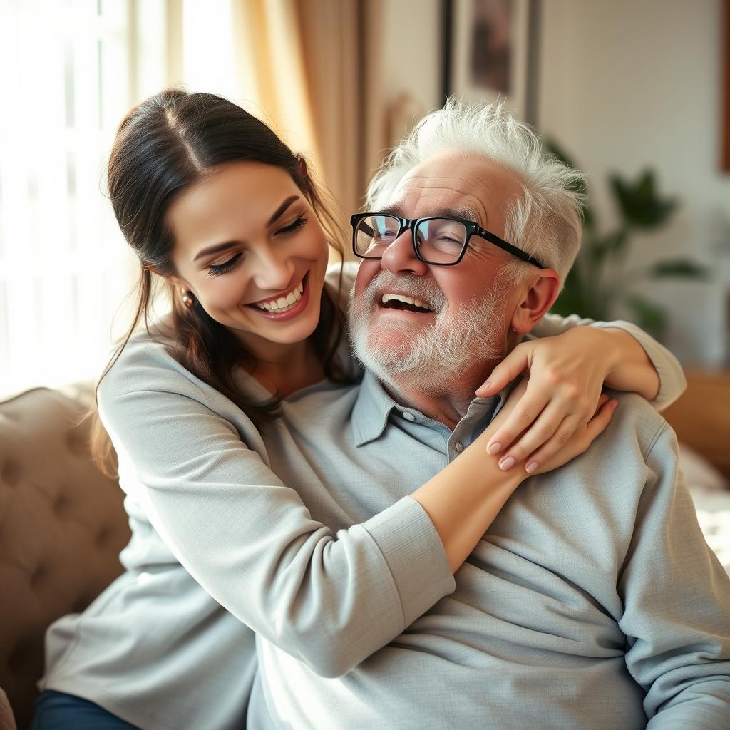 A joyful daughter in her 30s or 40s embraces her elderly father, who has just returned home after a hospital stay