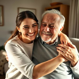 A joyful daughter in her 30s or 40s embraces her elderly father, who has just returned home after a hospital stay