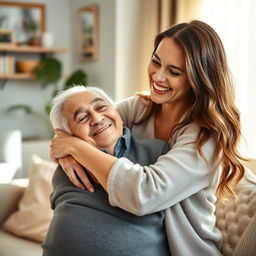 A joyful daughter in her 30s or 40s embraces her elderly father, who has just returned home after a hospital stay